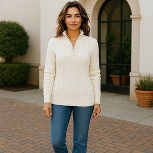 LANDS’ END Women XL Snow White 1/4 zip CableKnit Pull Over Sweater White LS